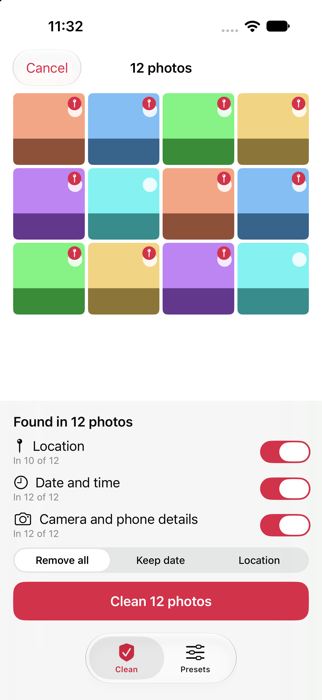 Review screen showing what each photo reveals